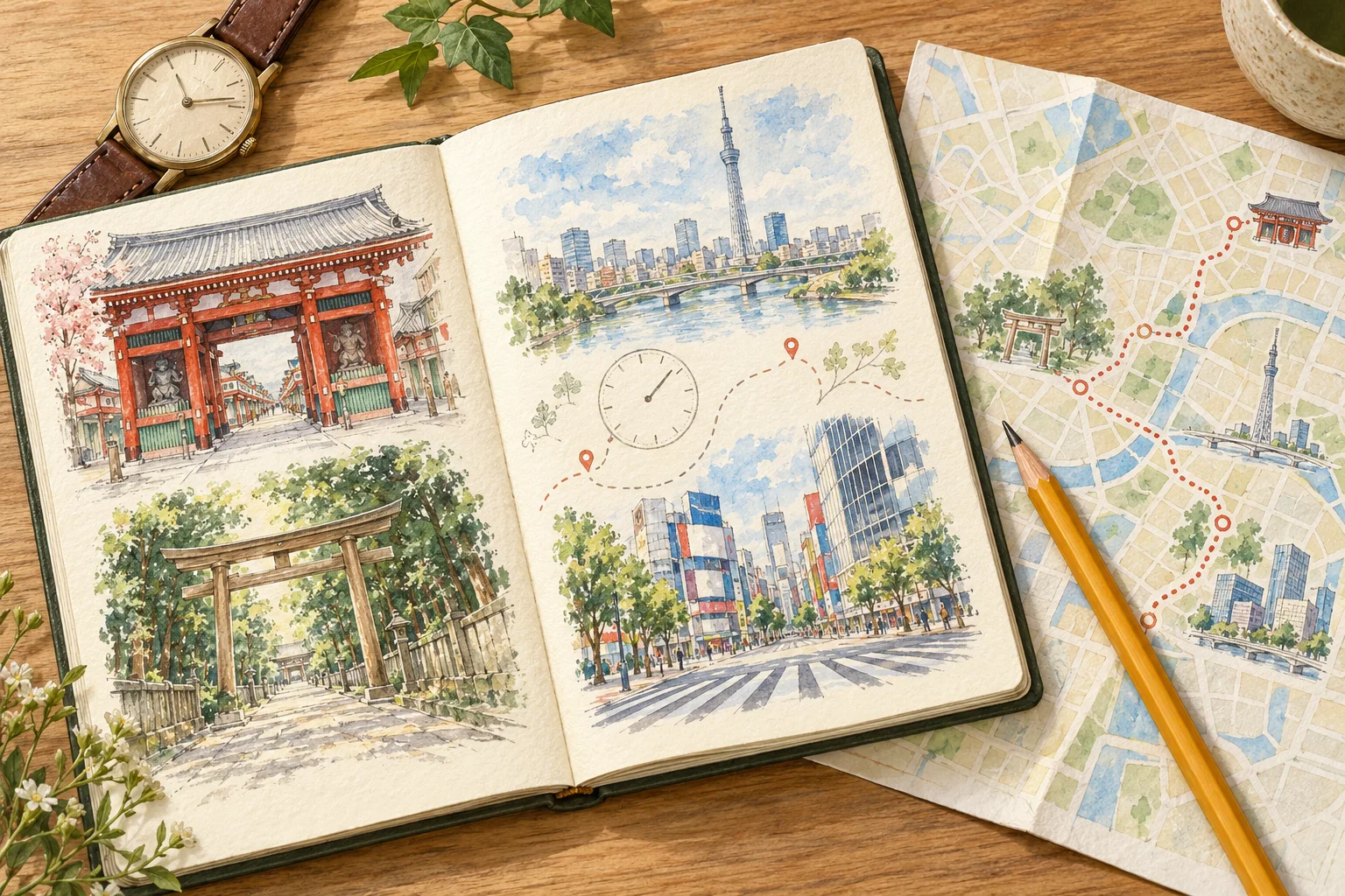 Watercolour illustration of a Tokyo travel notebook, a route map, a wristwatch and a pencil on a wooden table