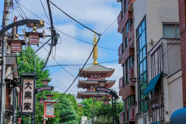 Sensō-ji pagoda framed by a lantern-lined street in Asakusa