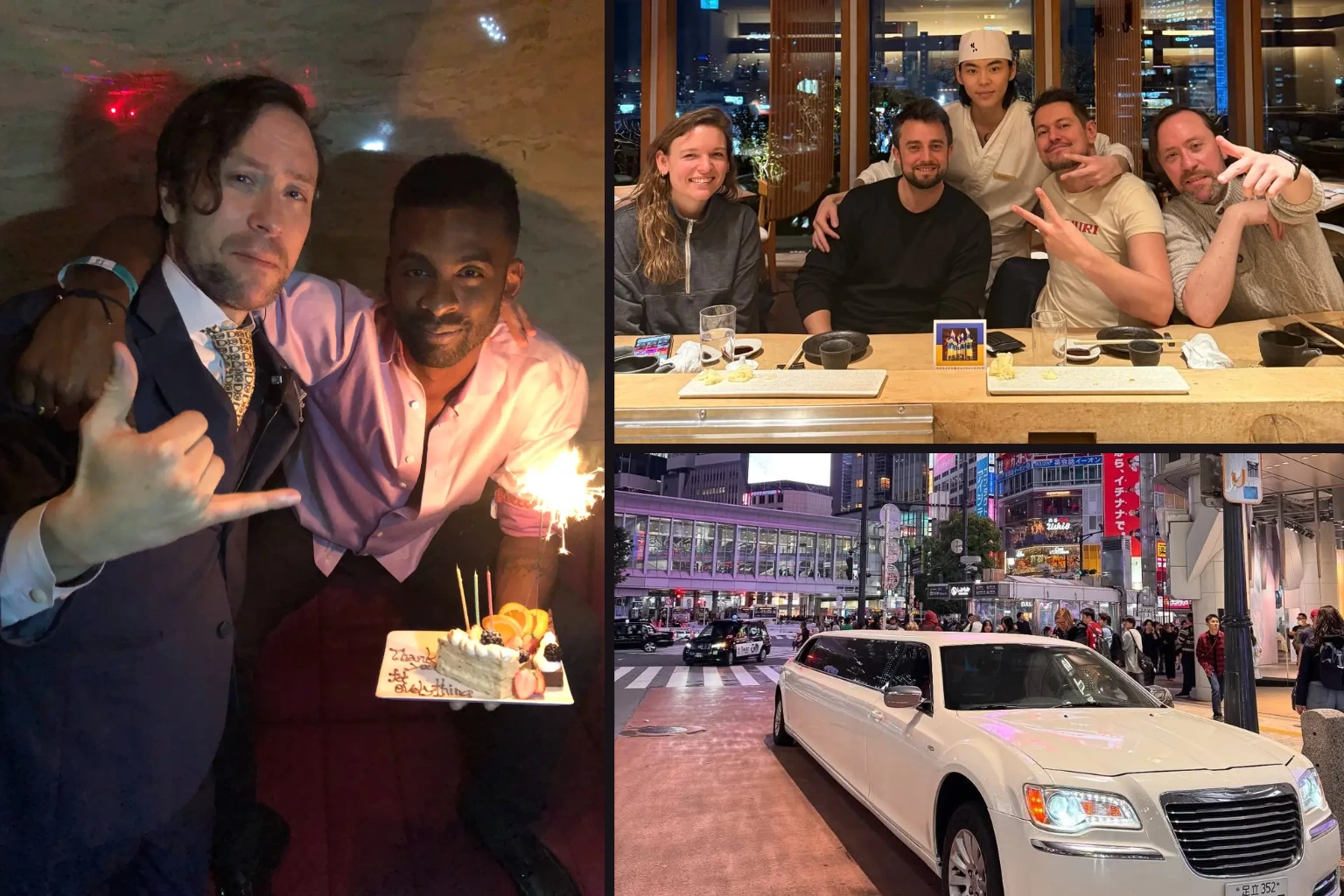 Photo collage of a cake celebration, a group dining at a Japanese sushi counter and a white limousine in Tokyo at night