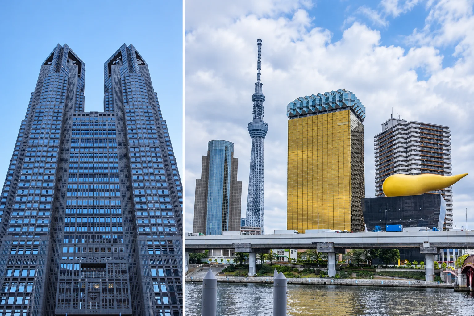 Photo-based montage of the Tokyo Metropolitan Government Building, Tokyo Skytree and the Asahi buildings with their golden flame