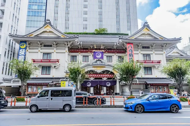Traditional facade of Kabukiza Theatre beneath modern towers in Ginza