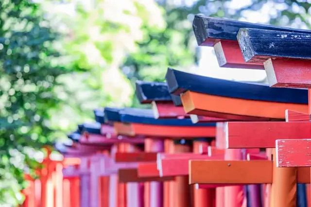 Close-up of red torii gates at Nezu Shrine