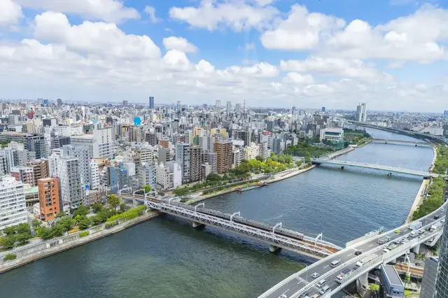 Panoramic view of bridges and neighbourhoods along the Sumida River