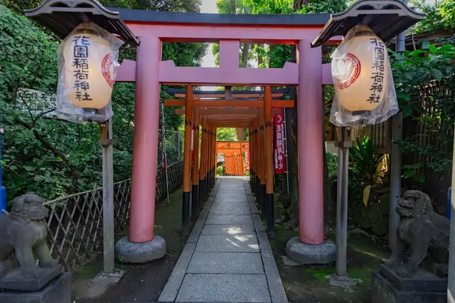 Red torii gates and lanterns in Ueno