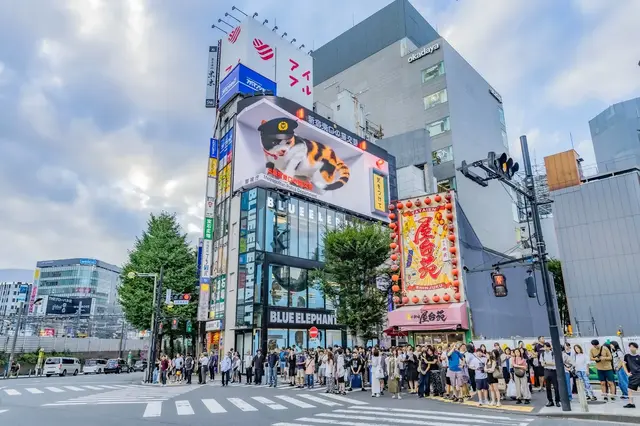Large screens and busy streets near Shinjuku Station