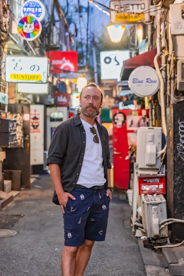 Renaud Valdenaire in a lantern-lined alley in Shinjuku, Tokyo